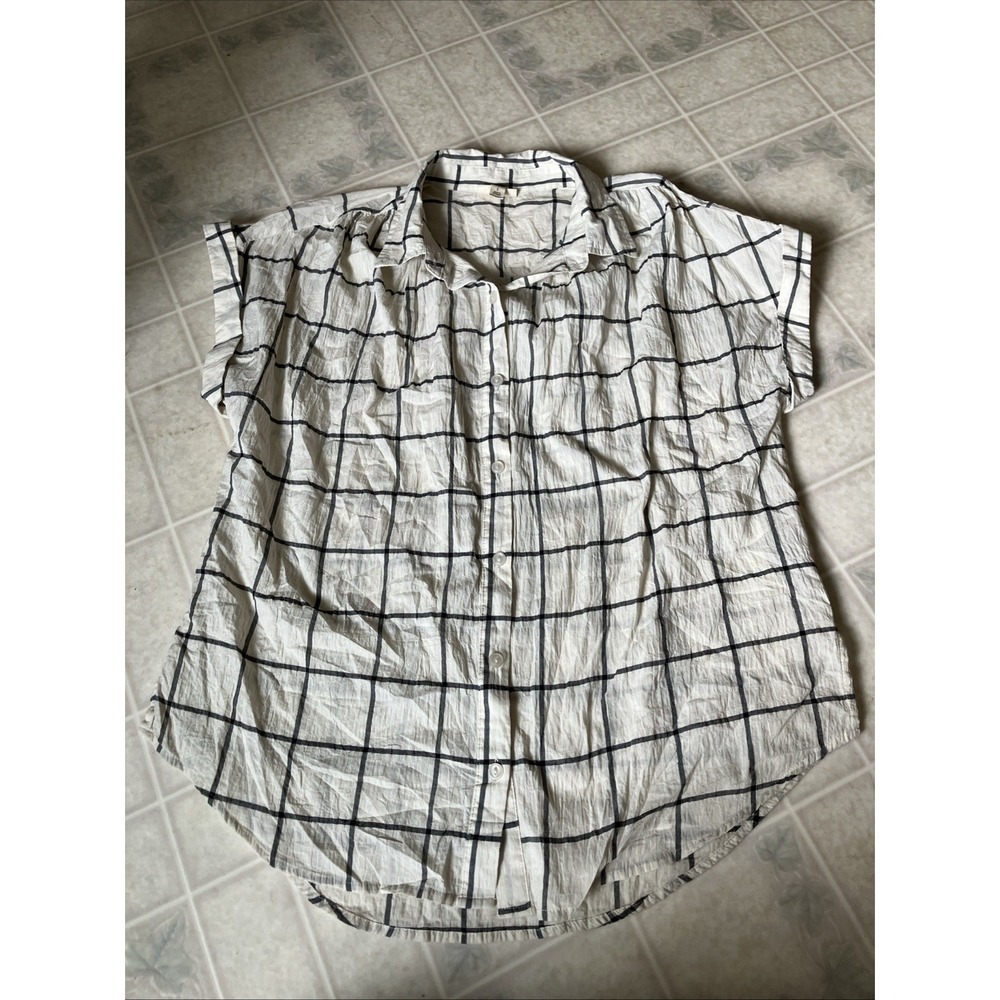 A.N.A. White Black Windowpane Check Popover Top Short Sleeve Cuff Large Slimming
